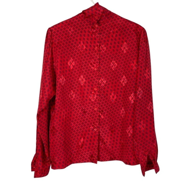 Vintage 90s Satin Mock Neck Blouse Shirt Womens Size Large Red Geometric Paisley - Picture 2 of 10